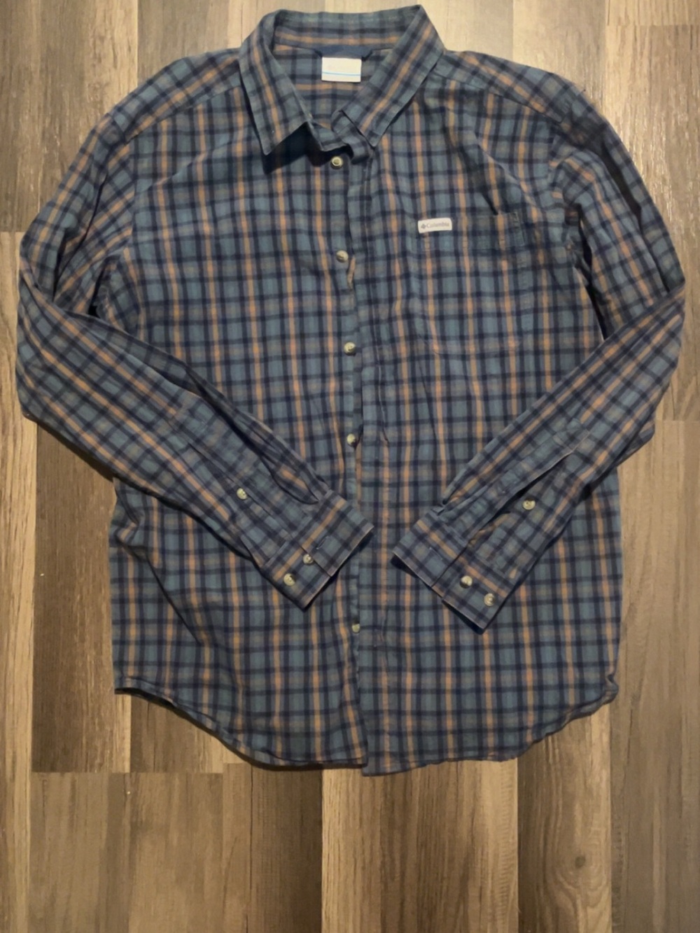 Columbia Men's Large Blue/orange Plaid Flannel Long-Sleeve Button-Up Shirt